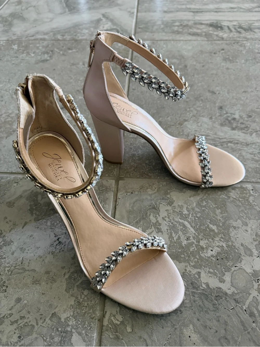 Jewel Badgley Mischka Mayra Block Heel Evening Embellished Sandals, Size 11, NEW